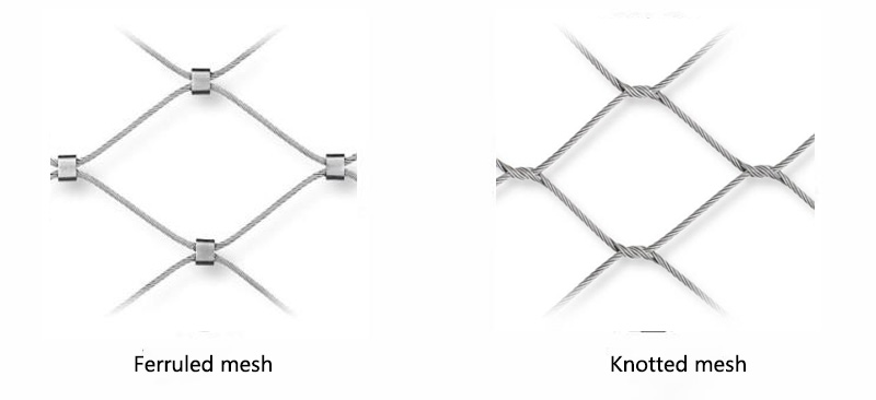 Ferruled and knotted stainless steel rope mesh types